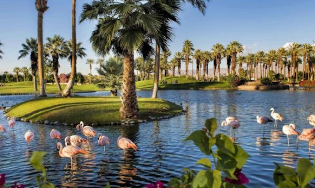 Aerial view of a Palm Desert gated golf community with fairways, homes, and mountain backdrop