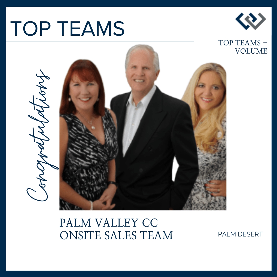 Top Teams recognition graphic featuring the Palm Valley CC onsite sales team with three team members in a portrait