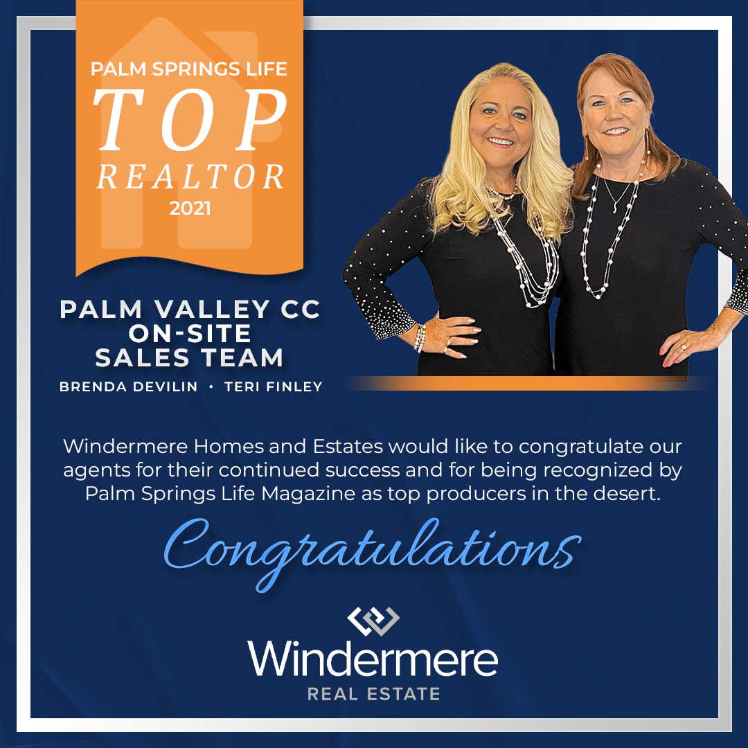 Windermere Top 1% award graphic for Palm Valley CC sales team featuring Brenda Devlin and team members with a congratulatory message