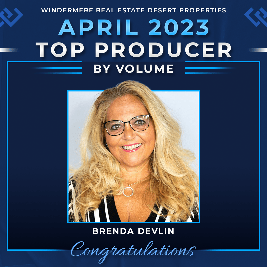 April 2023 Top Producer by Volume award graphic featuring Brenda Devlin with a congratulatory message
