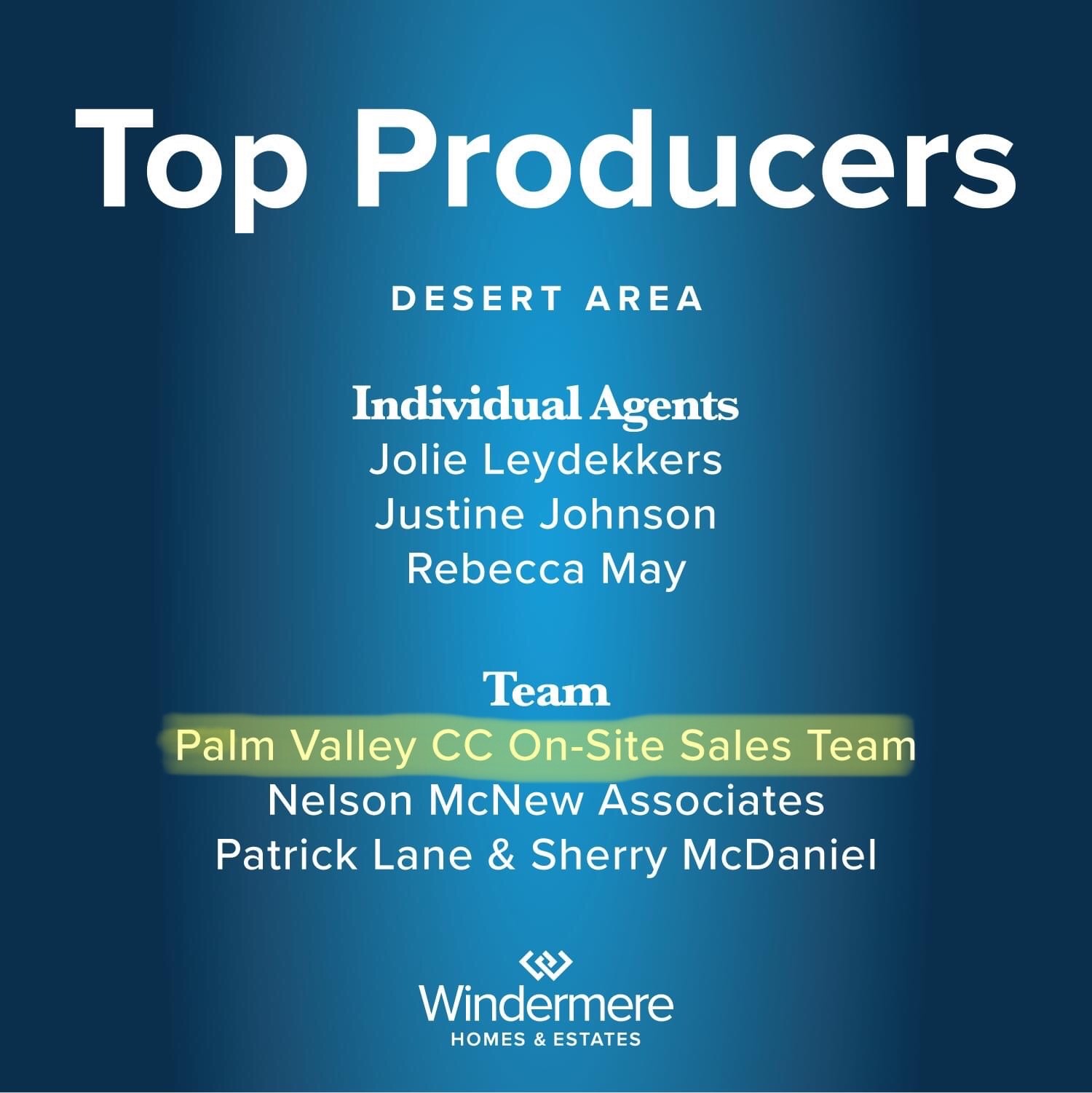 Top Producer Desert Area recognition graphic listing individual and team award recipients including Palm Valley CC and The Mesa teams