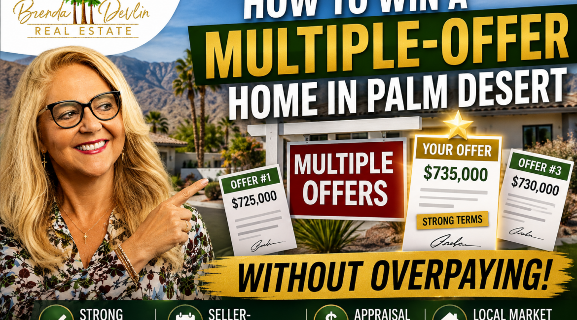 Brenda Devlin pointing to multiple home offers in Palm Desert with tips on winning a bidding war without overpaying.