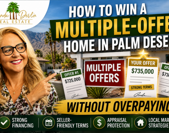 Brenda Devlin pointing to multiple home offers in Palm Desert with tips on winning a bidding war without overpaying.