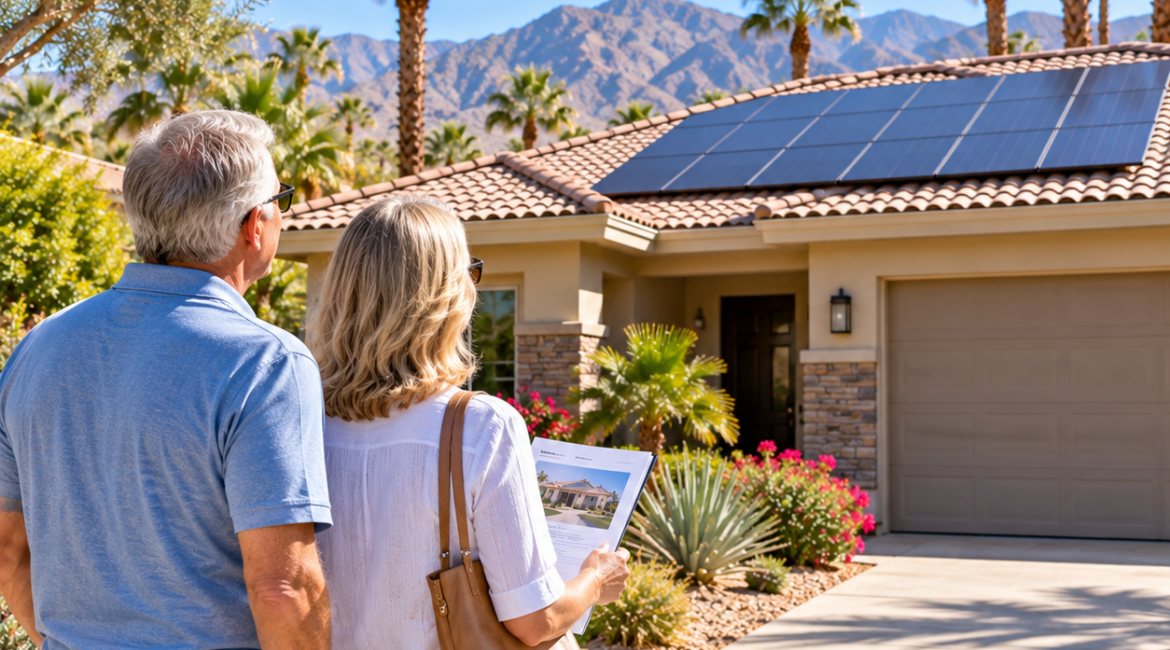 Retirement-age couple viewing a Palm Desert home with rooftop solar panels, desert landscaping, palm trees, and mountain views.