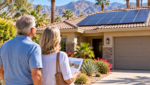 Retirement-age couple viewing a Palm Desert home with rooftop solar panels, desert landscaping, palm trees, and mountain views.