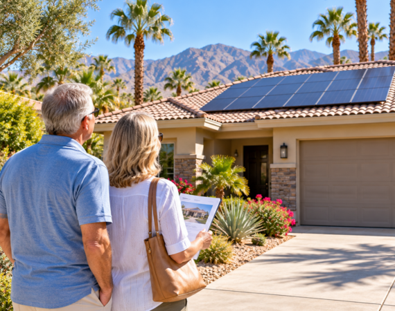 Retirement-age couple viewing a Palm Desert home with rooftop solar panels, desert landscaping, palm trees, and mountain views.