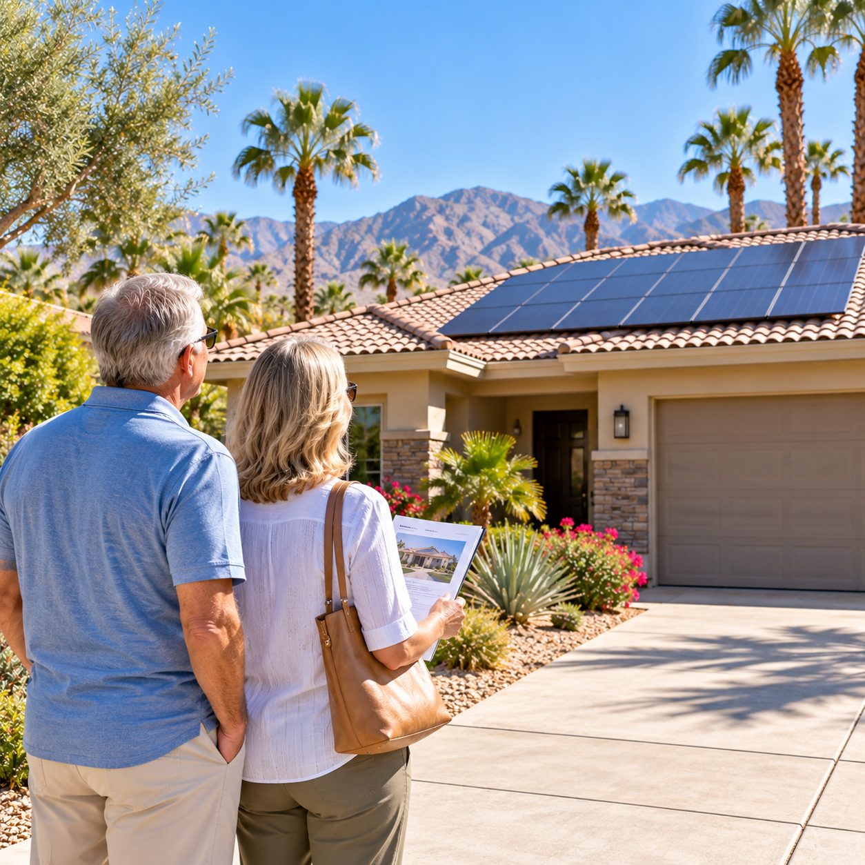 Retirement-age couple viewing a Palm Desert home with rooftop solar panels, desert landscaping, palm trees, and mountain views.