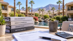 Palm Desert condo community with HOA documents, reserve study, meeting minutes, special assessment paperwork, and calculator on a table.