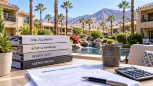 Palm Desert condo community with HOA documents, reserve study, meeting minutes, special assessment paperwork, and calculator on a table.