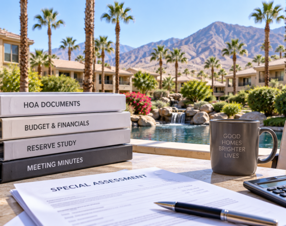 Palm Desert condo community with HOA documents, reserve study, meeting minutes, special assessment paperwork, and calculator on a table.