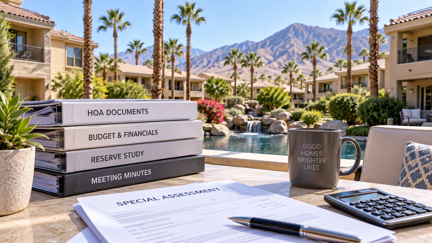 Palm Desert condo community with HOA documents, reserve study, meeting minutes, special assessment paperwork, and calculator on a table.