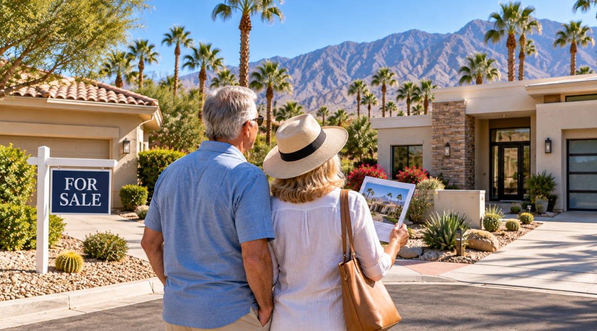 Retirement-age couple considering a Palm Desert home while selling their current home, with a For Sale sign, desert landscaping, palm trees, and mountain views.