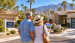 Retirement-age couple considering a Palm Desert home while selling their current home, with a For Sale sign, desert landscaping, palm trees, and mountain views.
