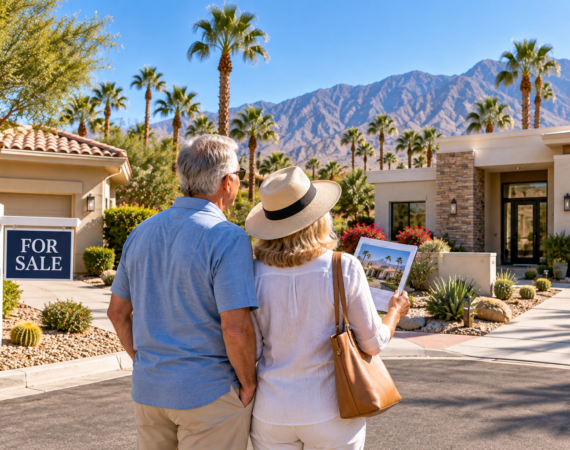 Retirement-age couple considering a Palm Desert home while selling their current home, with a For Sale sign, desert landscaping, palm trees, and mountain views.