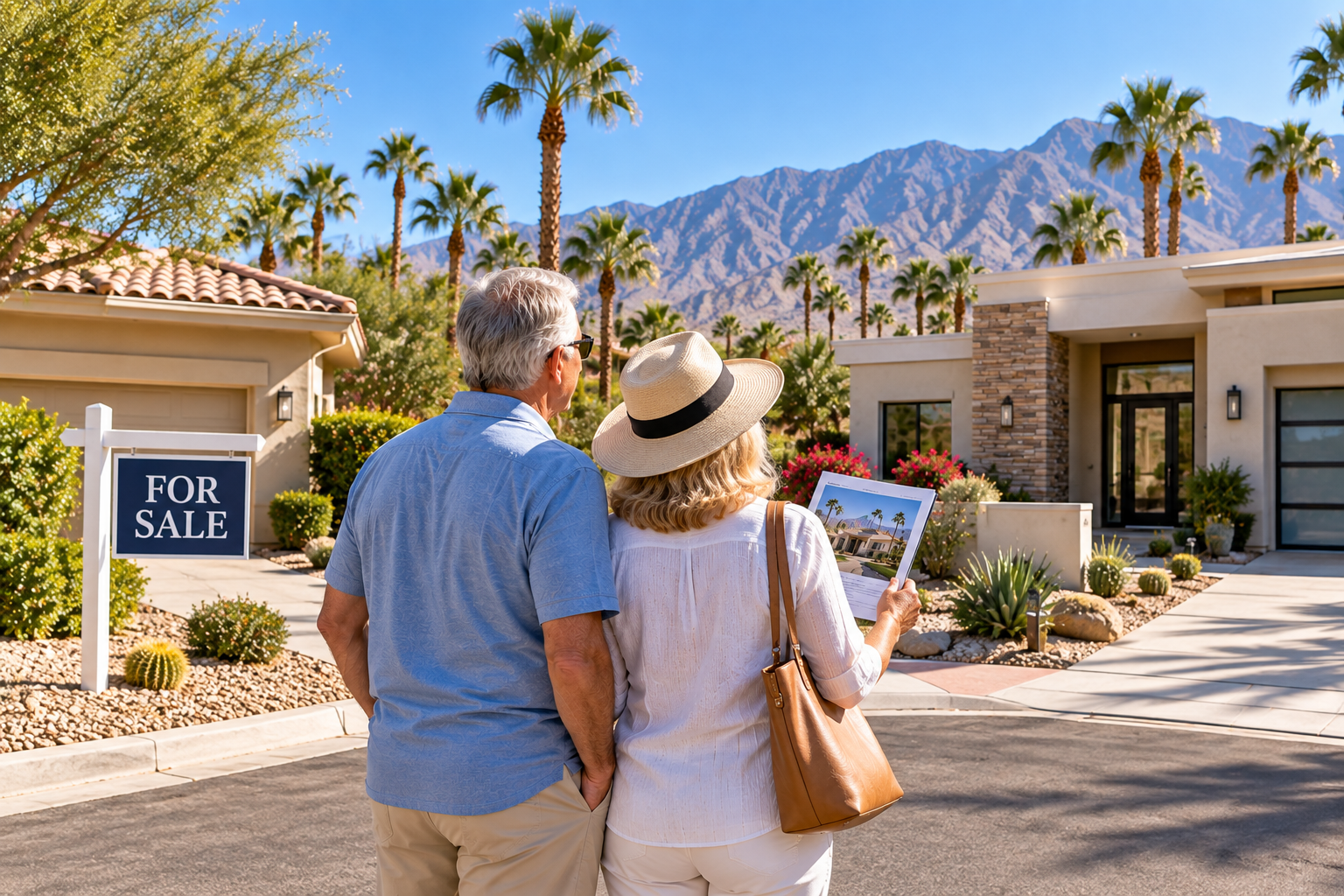 Retirement-age couple considering a Palm Desert home while selling their current home, with a For Sale sign, desert landscaping, palm trees, and mountain views.